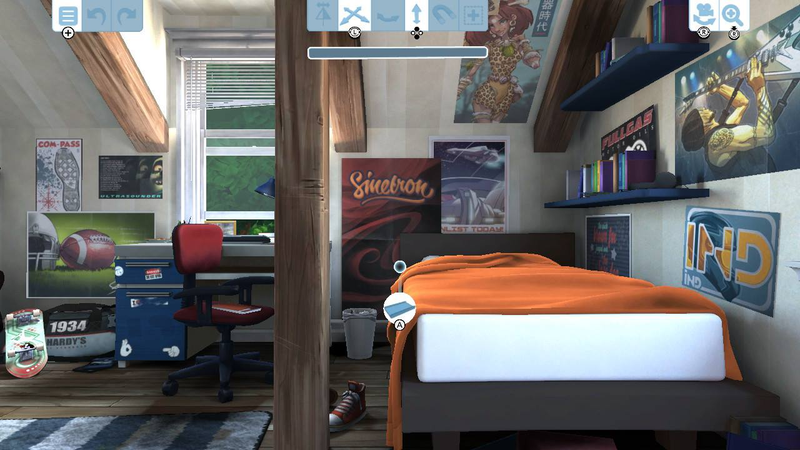 The new poster, to the left of the bed’s headboard, replaces the nudity-laden demon poster that caused the game to get pulled.
